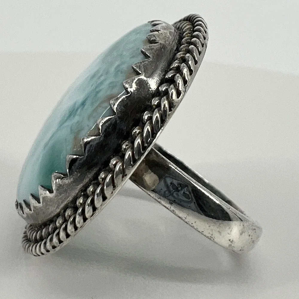 Artisan Larimar Ring Size 9 Blue 925 Sterling Silver Statement Cabochon 19.6g